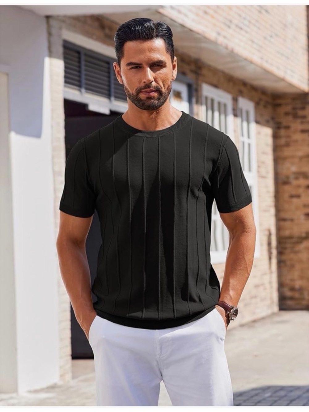 Classic Vertical-Rib Short Sleeve Tee - Black